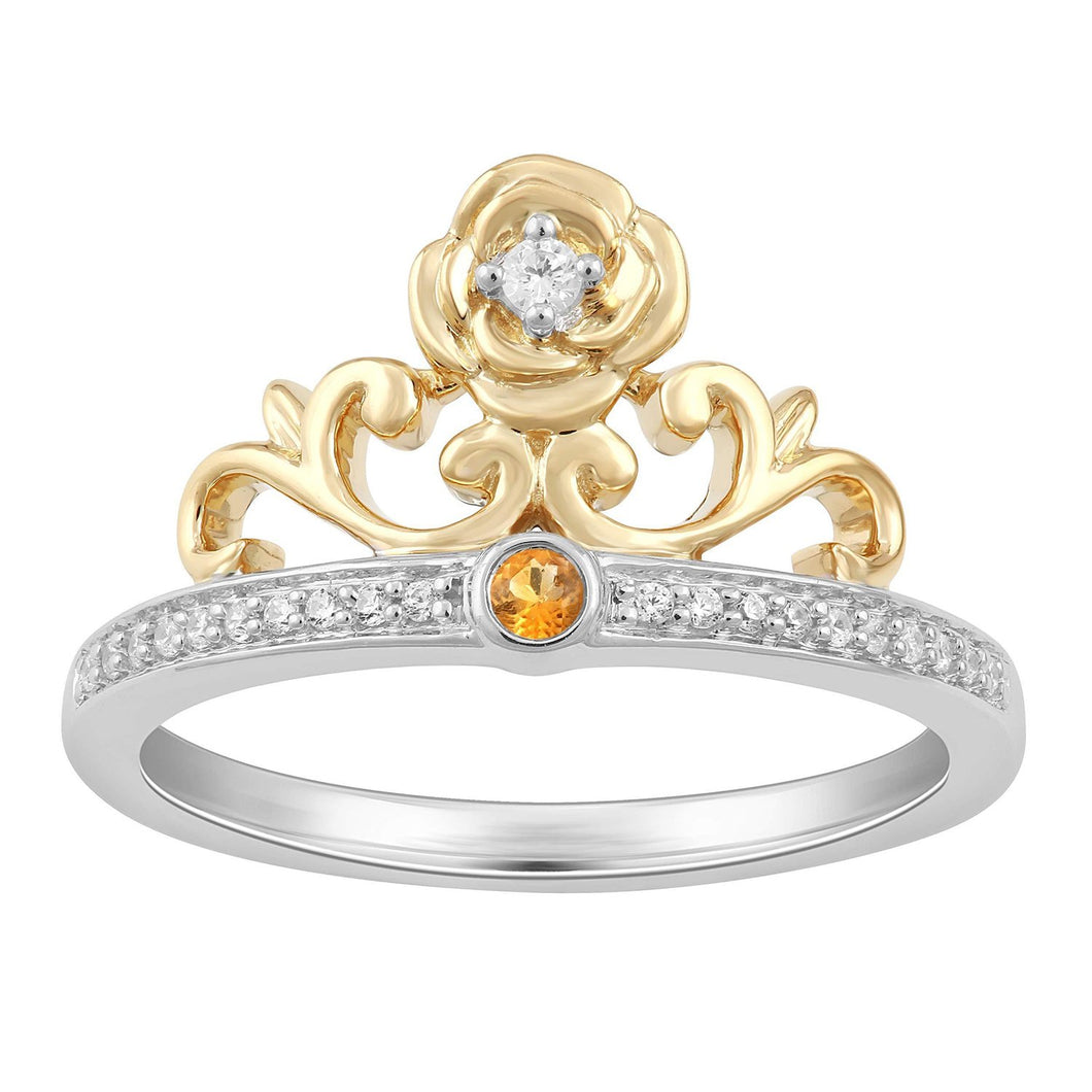 Enchanted Disney Fine Jewelry 14K Yellow Gold over Sterling Silver 1/10 Cttw Diamond and Citrine Belle Rose Tiara Ring