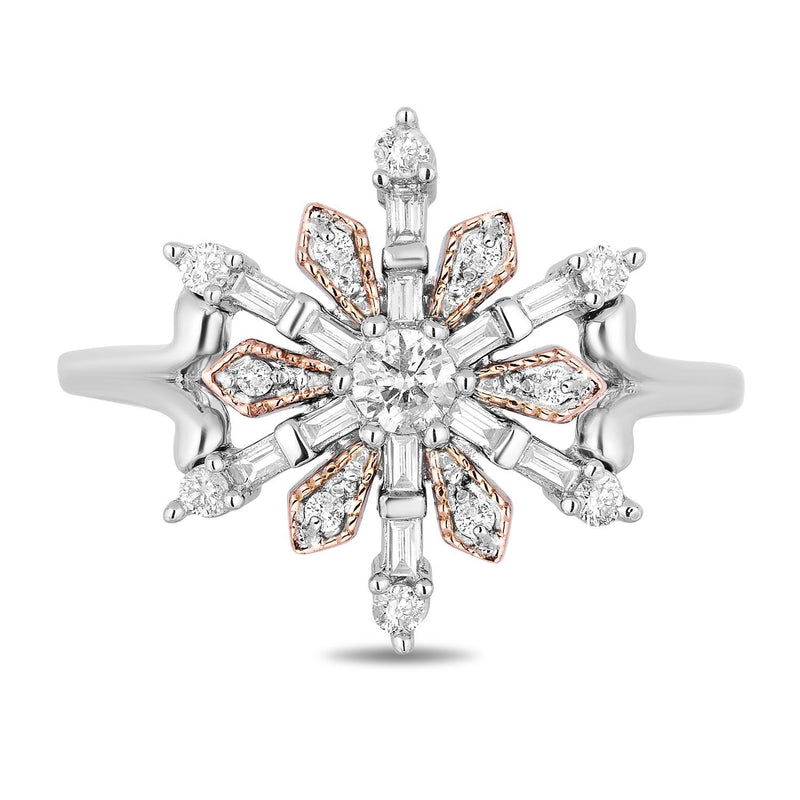 Enchanted Disney Fine Jewelry Sterling Silver and 10K Rose Gold with 3/8cttw Diamonds Elsa Snowflake Ring.
