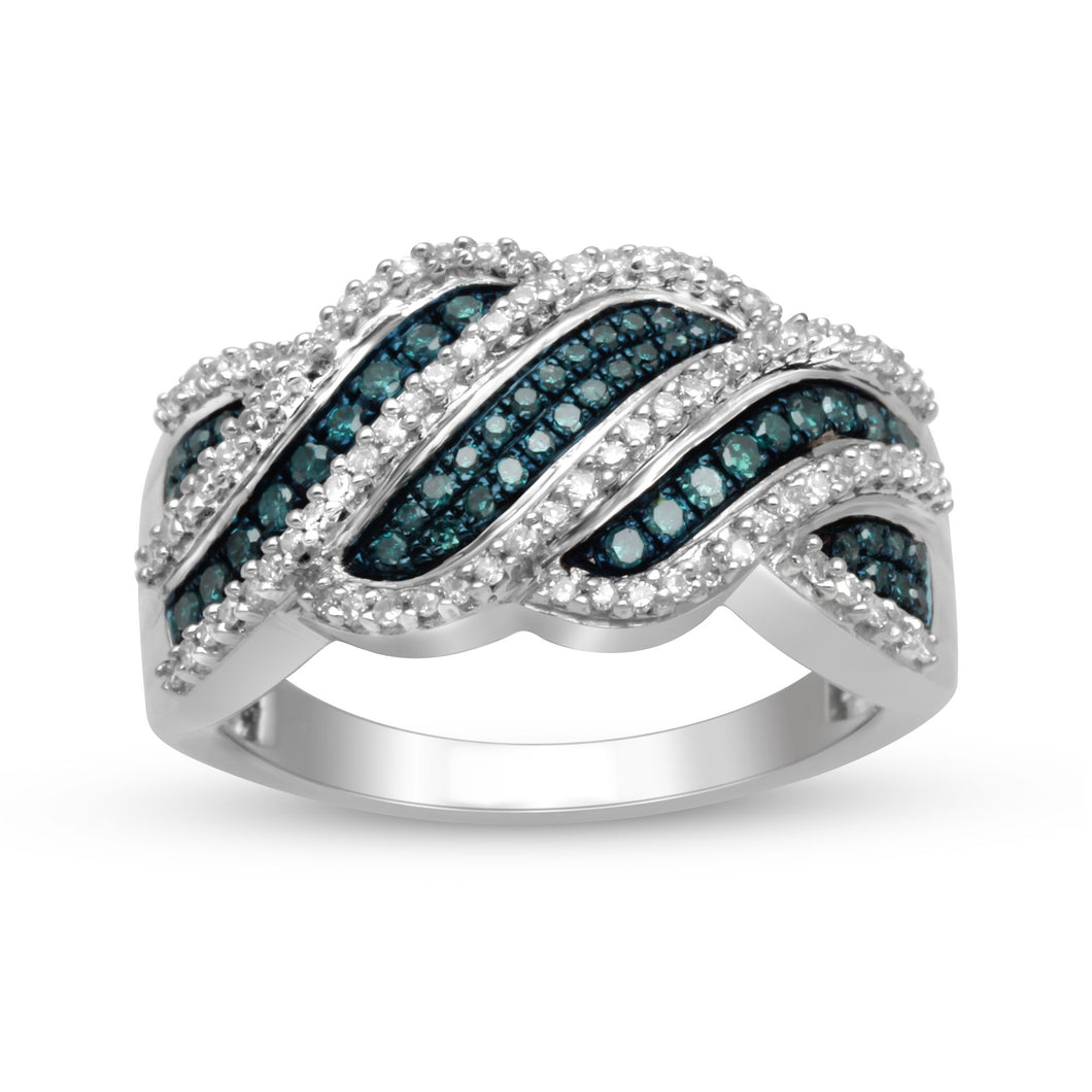 Jewelili Sterling Silver 1/2 CTTW Treated Blue Diamonds and White Diamonds Band Ring