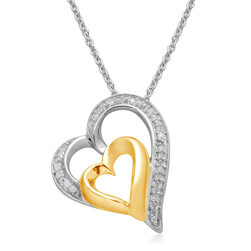 Jewelili 14K Yellow Gold Over Sterling Silver Diamonds Tilted Heart Pendant Necklace