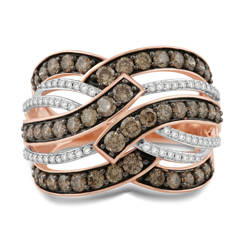 Jewelili Ring with White Diamonds and Champagne Round Diamonds in 10K Rose Gold 1 1/2 CTTW View 2