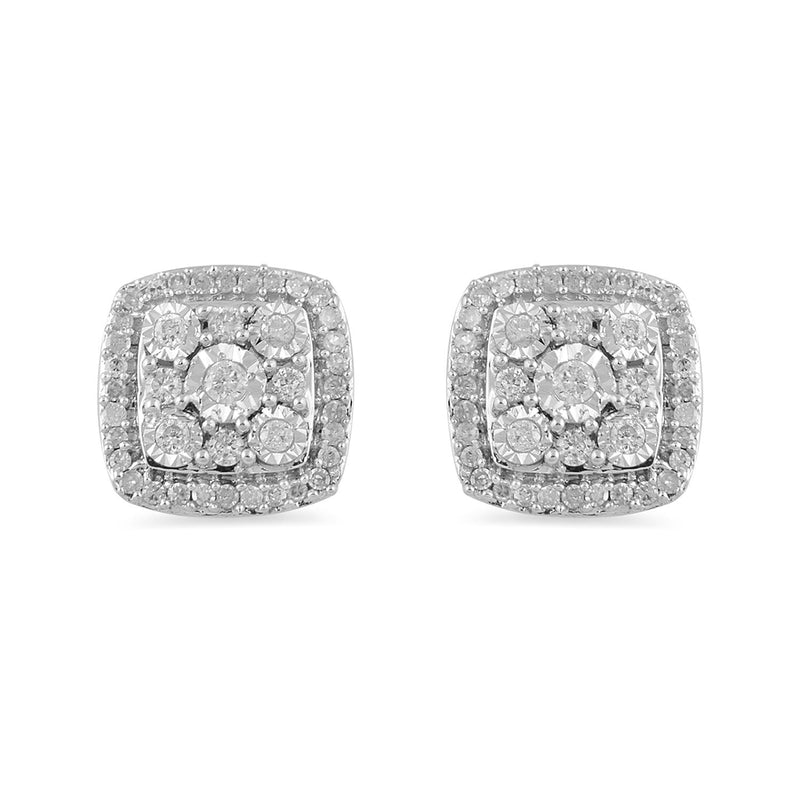Jewelili Sterling Silver With 1/4 CTTW White Diamonds Square Shape Stud Earrings