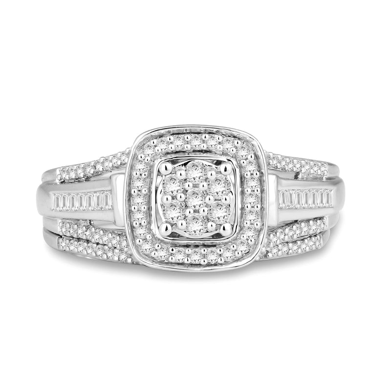 Jewelili Sterling Silver With 1/2 CTTW Natural White Baguette and Round Shape Diamonds Bridal Set