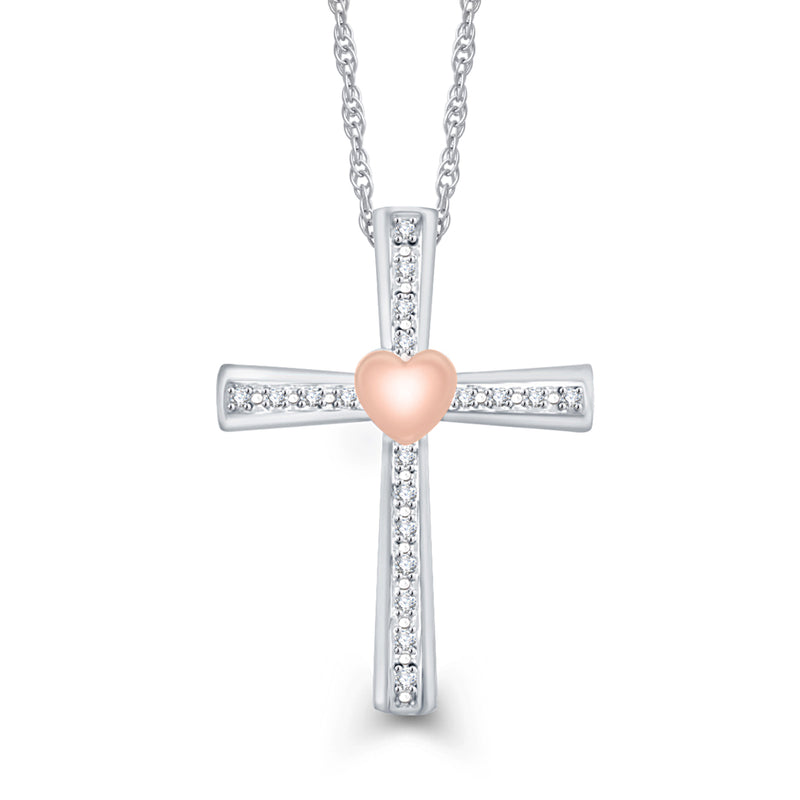 Jewelili 10K Rose Gold Over Sterling Silver With Natural White Round Diamonds Heart Cross Pendant Necklace