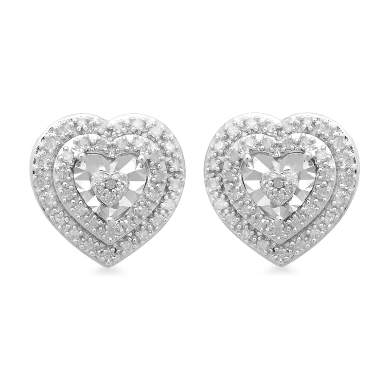 Jewelili Double Halo Stud Earrings with Heart Diamonds in Sterling Silver 1/4 CTTW View 3
