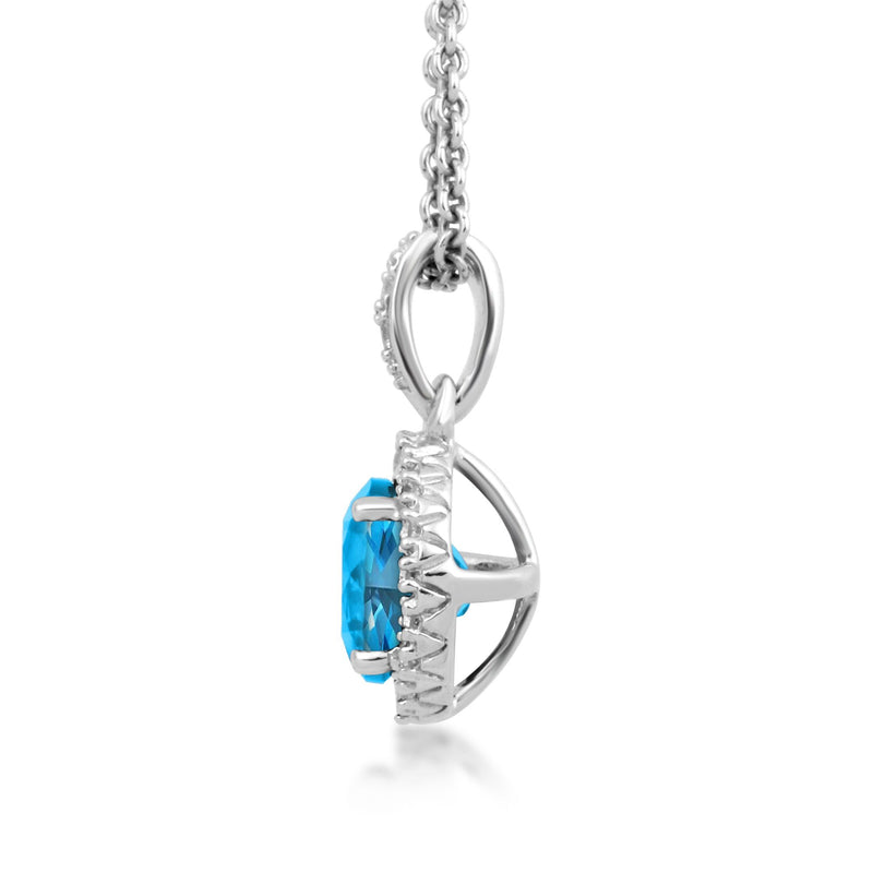 Jewelili Sterling Silver With Swiss Blue Topaz and Created White Sapphire Halo Pendant Necklace