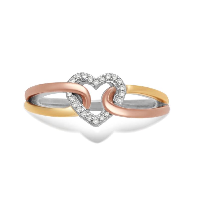 Jewelili Sterling Silver With 10K Yellow and Rose Gold Diamonds Heart Ring