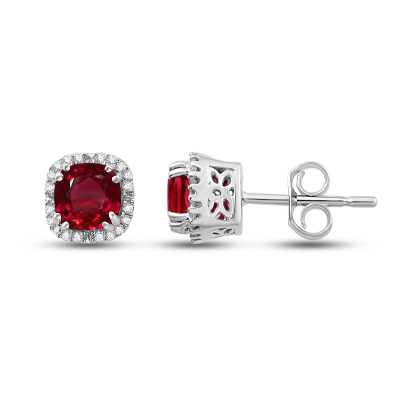 Jewelili 10K White Gold with Cushion Cut Created Ruby and 1/10 CTTW Round Natural White Diamonds Halo Stud Earrings