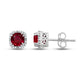 Load image into Gallery viewer, Jewelili 10K White Gold with Cushion Cut Created Ruby and 1/10 CTTW Round Natural White Diamonds Halo Stud Earrings
