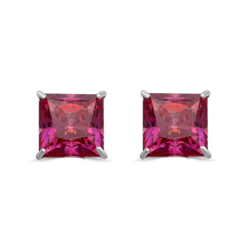 Jewelili 10K White Gold Ruby Cubic Zirconia Square Shape Stud Earrings
