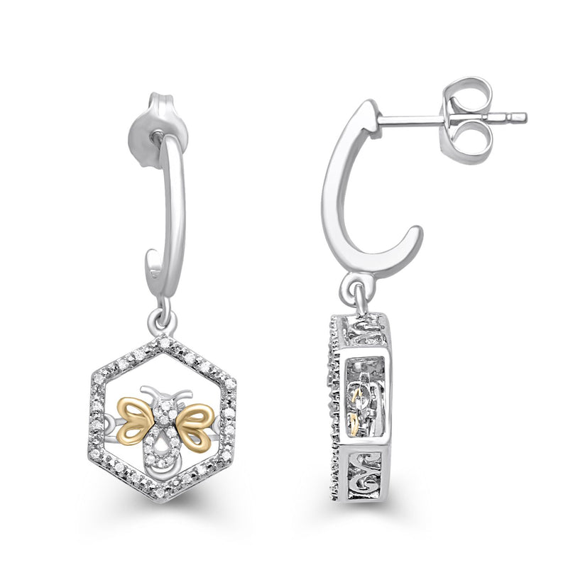 Jewelili Dangle Earrings with White Diamonds in 10K Yellow Gold over Sterling Silver 1/10 CTTW View 1