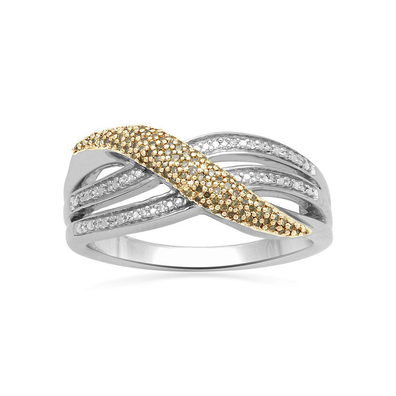 Jewelili Yellow Gold Over Sterling Silver With 1/5 CTTW Round Yellow and White Diamonds Bypass Crossover Ring