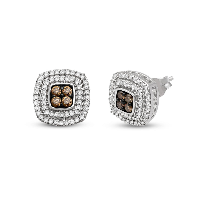 Jewelili Stud Earrings with Champagne and White Natural Diamonds in Sterling Silver 1/2 CTTW View 1