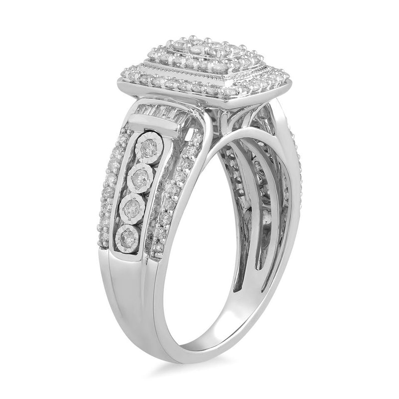 Jewelili 10K White Gold With 3/4 CTTW Baguette and Round Natural White Diamonds Ring