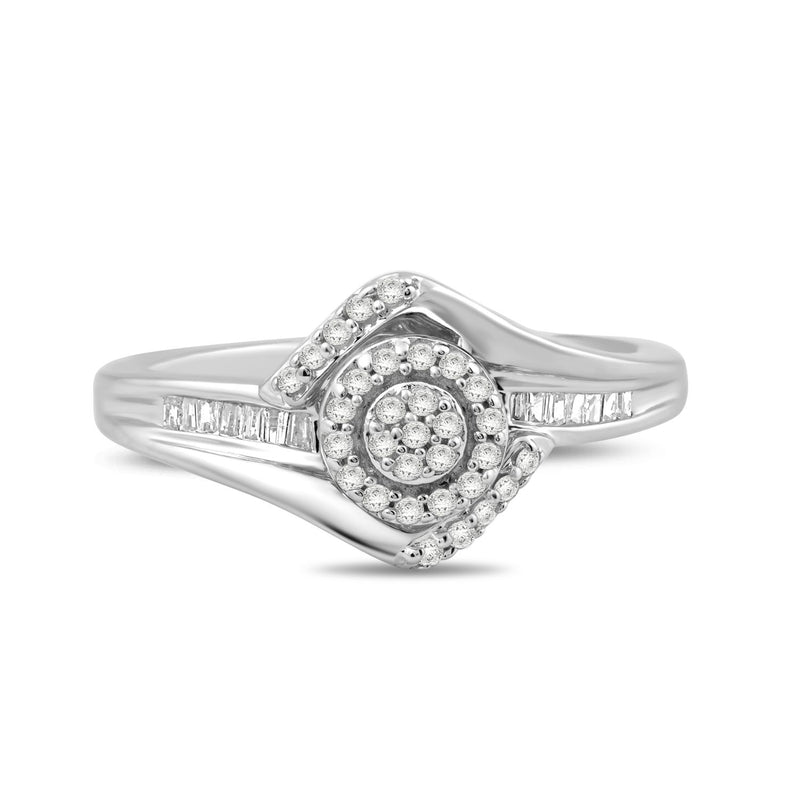 Jewelili Ring with Natural White Baguette Shape and Round Shape Diamonds in Sterling Silver 1/4 CTTW View 2