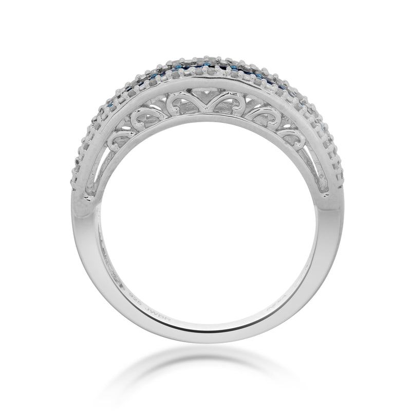 Jewelili Sterling Silver With 1/10 CTTW Treated Blue Diamonds and White Diamonds Anniversary Band