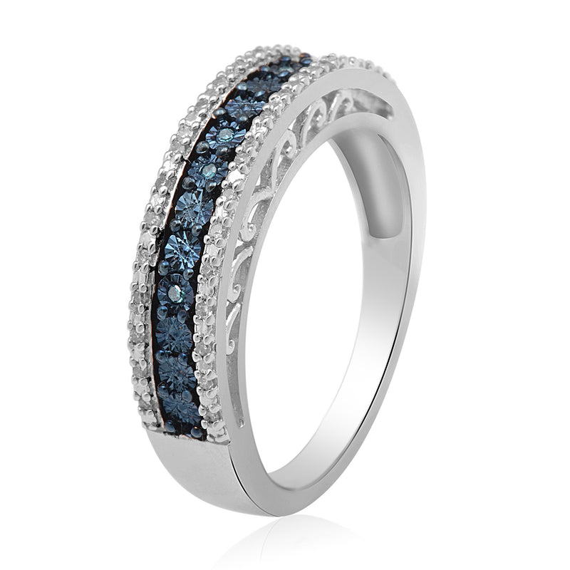 Jewelili Sterling Silver With 1/10 CTTW Treated Blue Diamonds and White Diamonds Anniversary Band