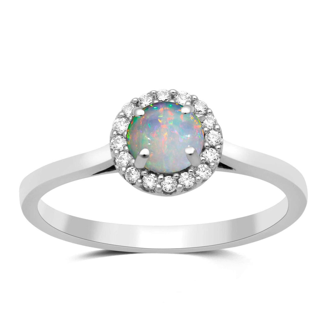 Jewelili Cubic Zirconia Halo Ring with Created Opal in Sterling Silver View 1