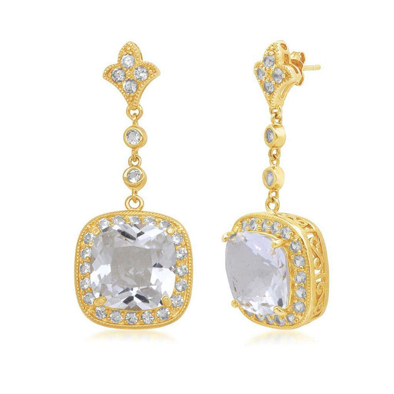 Jewelili Dangle Earrings with Created White Sapphire in 18K Yellow Gold over Sterling Silver View 1