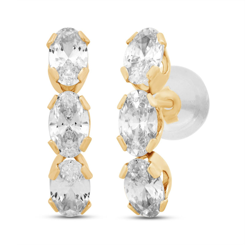 Jewelili North-South Curve Earrings with Oval Shape White Cubic Zirconia in 10K Yellow Gold View 1