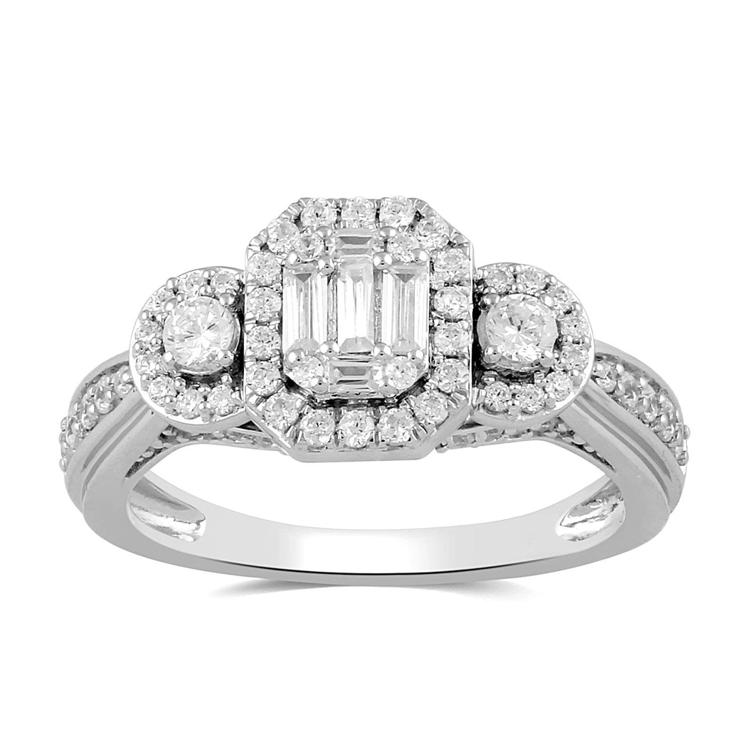 Jewelili 10K White Gold with 3/4 CTTW Natural White Baguette and Round Shape Diamonds Ring