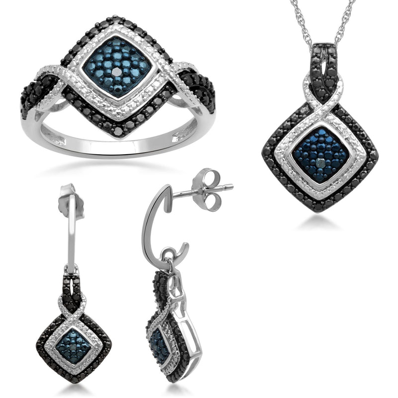 Jewelili Brass with 1/10 CTTW Treated Blue Diamonds,Black and White Diamonds Fashion Earrings Set