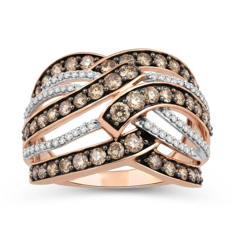 Jewelili Ring with White Diamonds and Champagne Round Diamonds in 10K Rose Gold 1 1/2 CTTW View 1