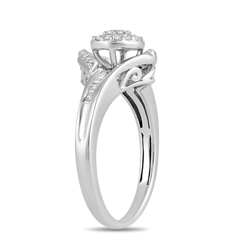 Jewelili Ring with Natural White Baguette Shape and Round Shape Diamonds in Sterling Silver 1/4 CTTW View 4