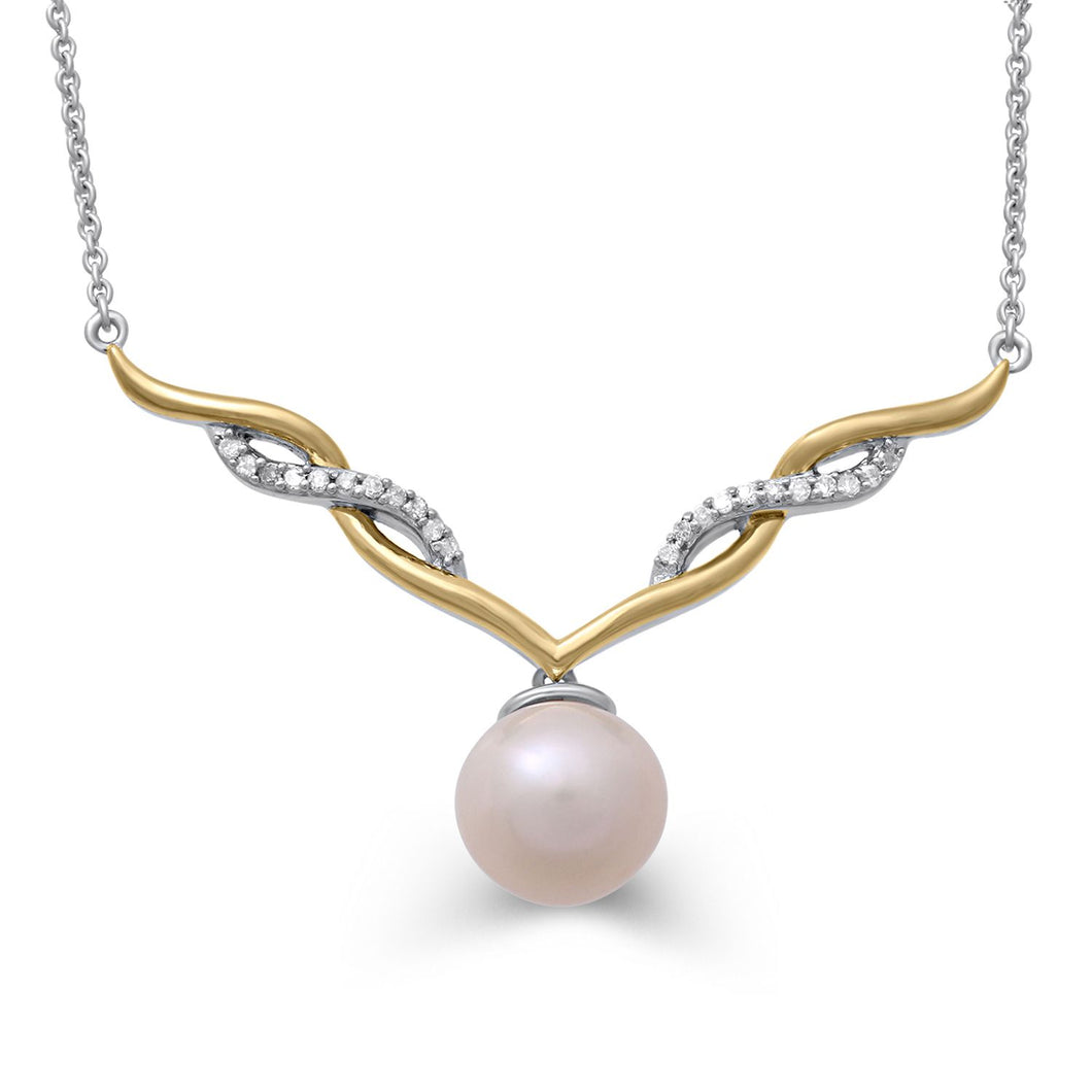 Jewelili 14K Yellow Gold over Sterling Silver With Pearl and Natural White Diamonds Pendant Necklace