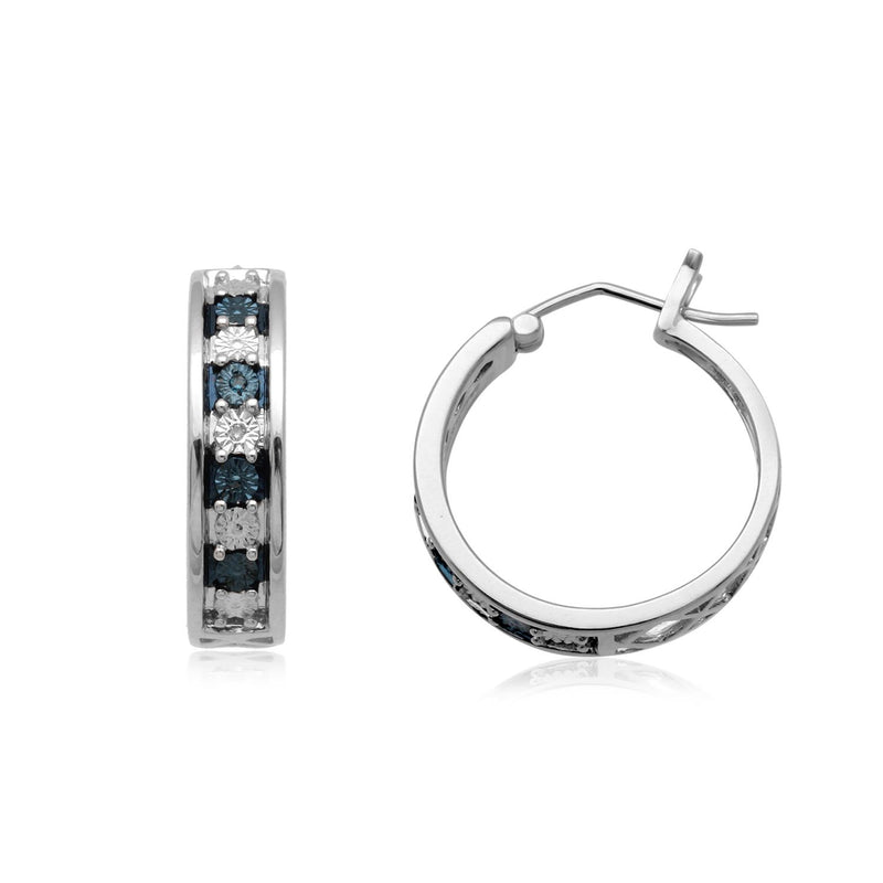 Jewelili Hoop Earrings with Treated Blue and White Natural Diamond in Sterling Silver View 1