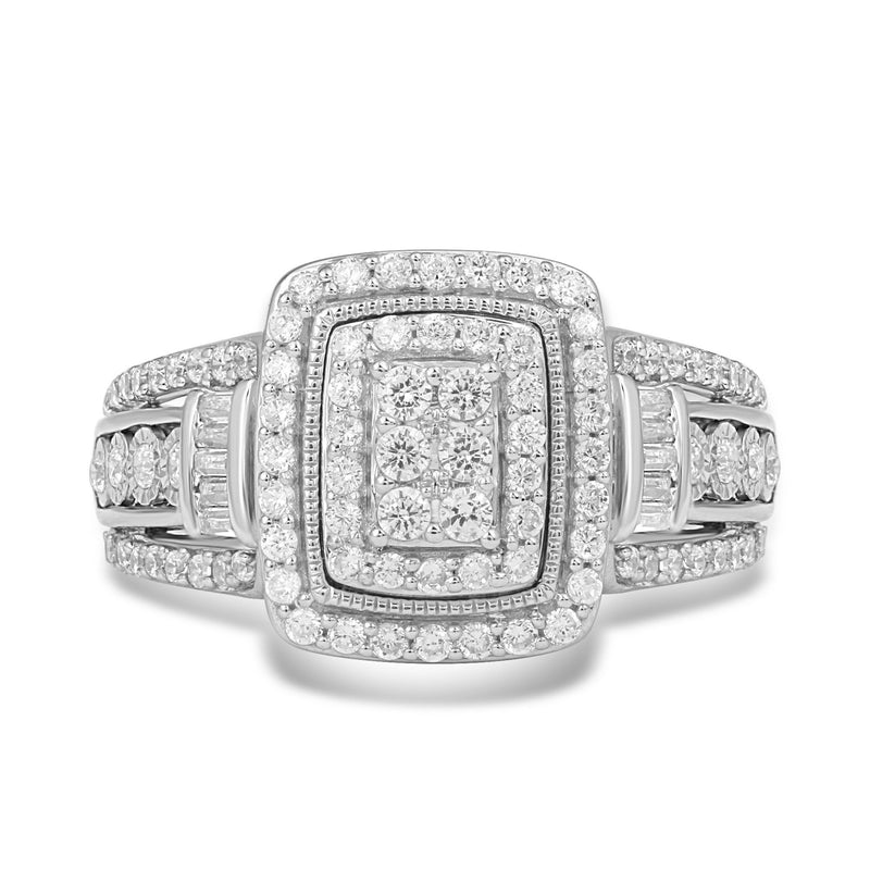 Jewelili 10K White Gold With 3/4 CTTW Baguette and Round Natural White Diamonds Ring
