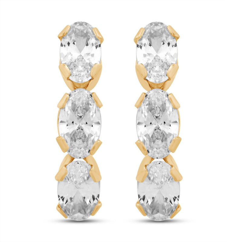 Jewelili North-South Curve Earrings with Oval Shape White Cubic Zirconia in 10K Yellow Gold View 2