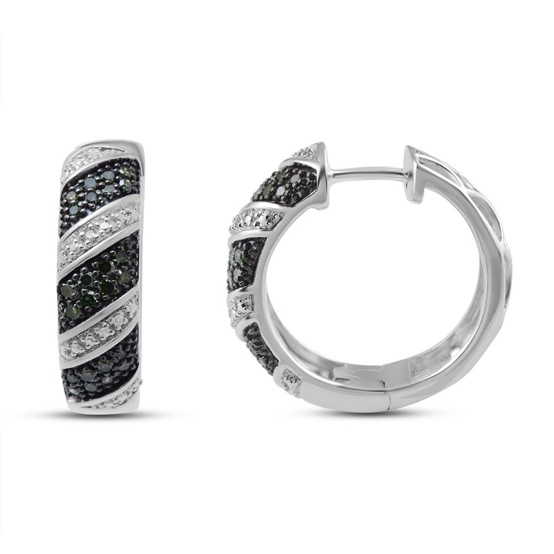 Jewelili Hoop Earrings with Treated Green Diamonds and White Natural Diamonds in Sterling Silver 3/8 CTTW View 3