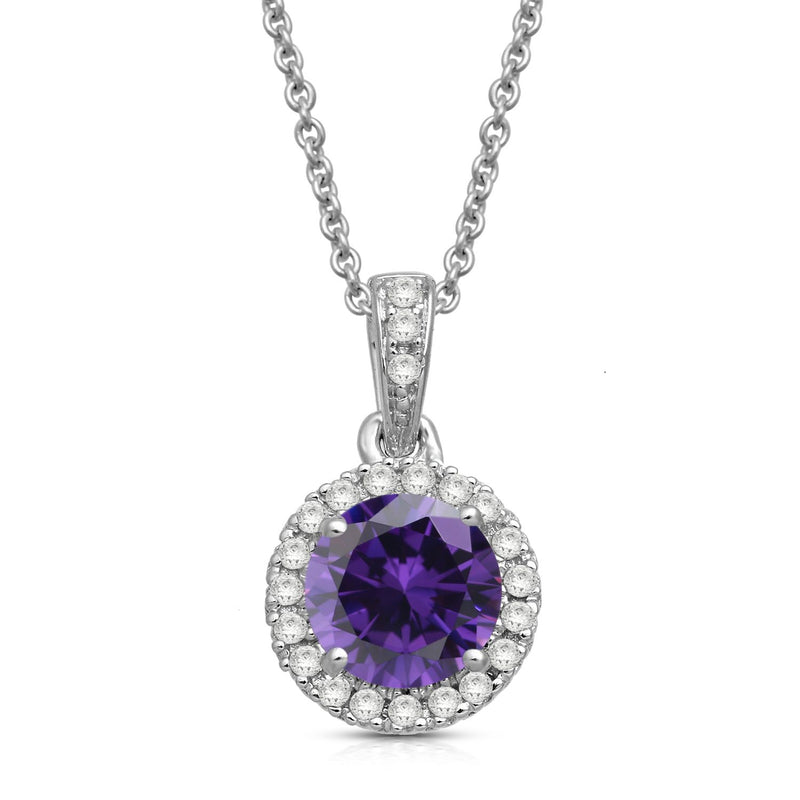 Jewelili Sterling Silver With Amethyst and Created White Sapphire Halo Pendant Necklace