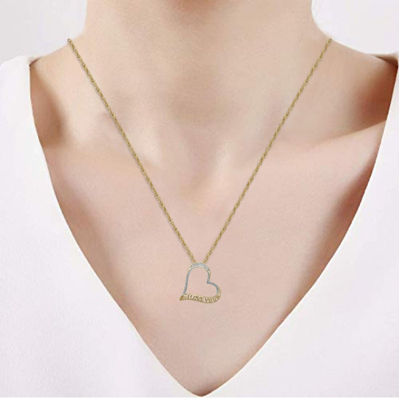 Jewelili 10K Yellow Gold with Round Shape Natural Diamonds Heart Shape Pendant Necklace
