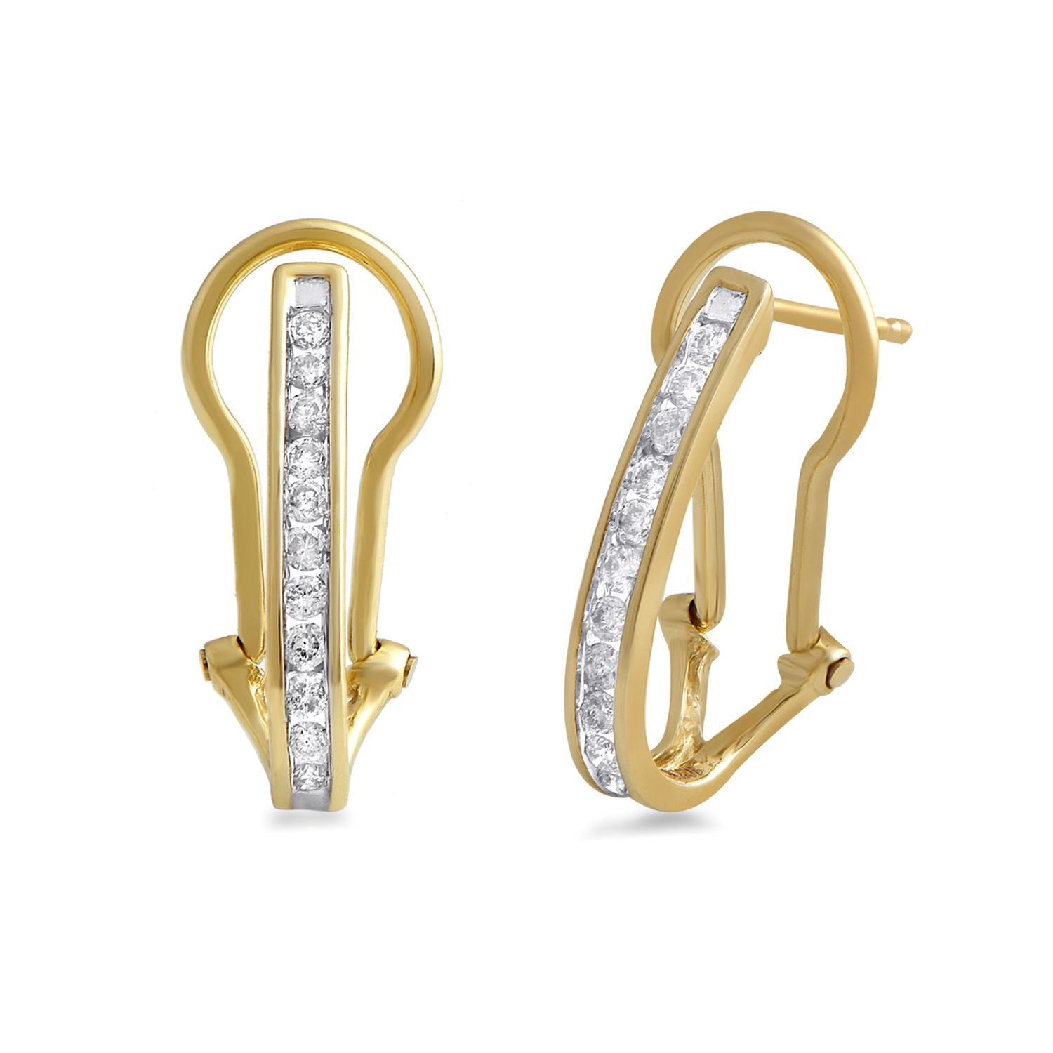Jewelili Omega Back Earrings with Natural White Diamond in 10K Yellow Gold  1/4 CTTW