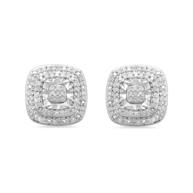 Jewelili Stud Earrings with Double Halo Diamonds in Sterling Silver 1/4 CTTW View 3