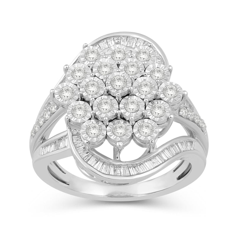 Jewelili Cluster Ring with Natural White Round and Baguette Diamonds in Sterling Silver 1.00 CTTW View 1