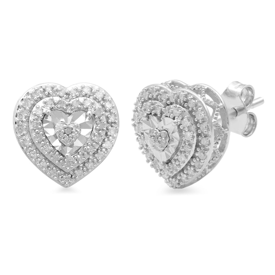 Jewelili Double Halo Stud Earrings with Heart Diamonds in Sterling Silver 1/4 CTTW View 1