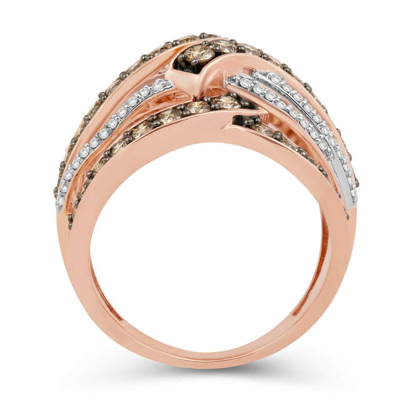Jewelili Ring with White Diamonds and Champagne Round Diamonds in 10K Rose Gold 1 1/2 CTTW View 3