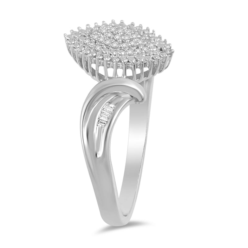 Jewelili Sterling Silver With 1/10 CTTW Round and Baguette Diamonds Ring