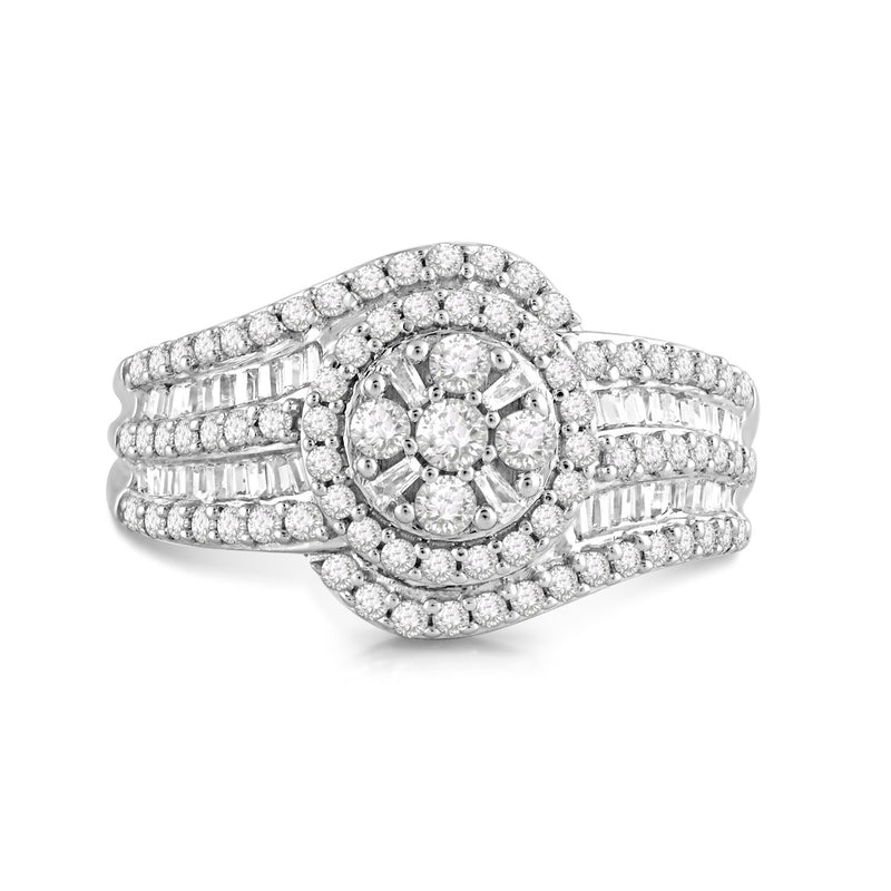 Jewelili Cluster Ring with Baguette and Round Natural White Diamonds in 10K White Gold 1 CTTW View 2