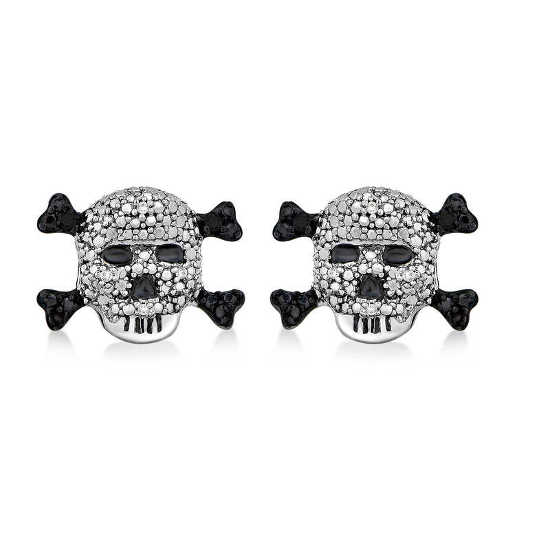 Jewelili Skull Stud Earrings with Treated Black Diamonds and Natural White Diamonds in Sterling Silver View 2
