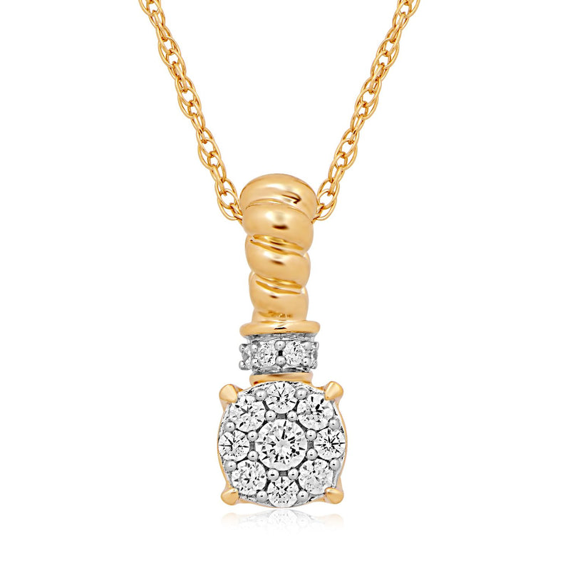 Jewelili 10K Yellow Gold With 1/4 CTTW Natural White Diamond Cluster Pendant Necklace
