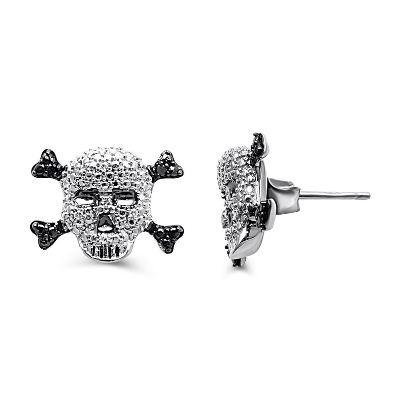 Jewelili Skull Stud Earrings with Treated Black Diamonds and Natural White Diamonds in Sterling Silver View 1