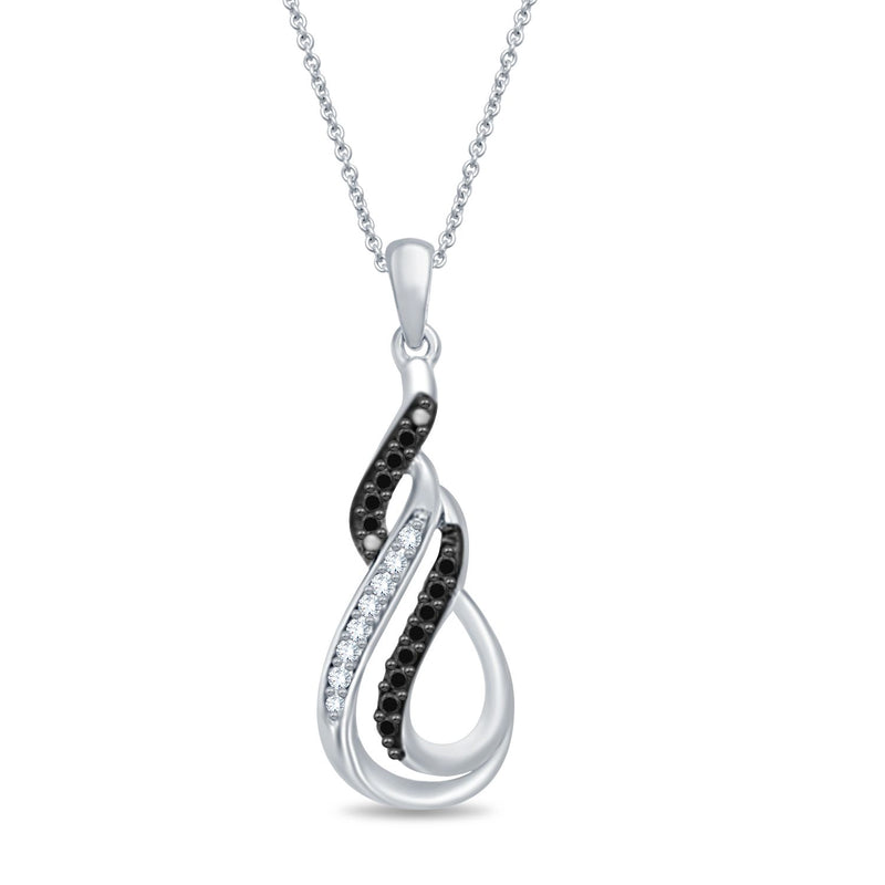 Jewelili Sterling Silver With 1/10 CTTW Black and White Diamonds Twist Pendant Necklace