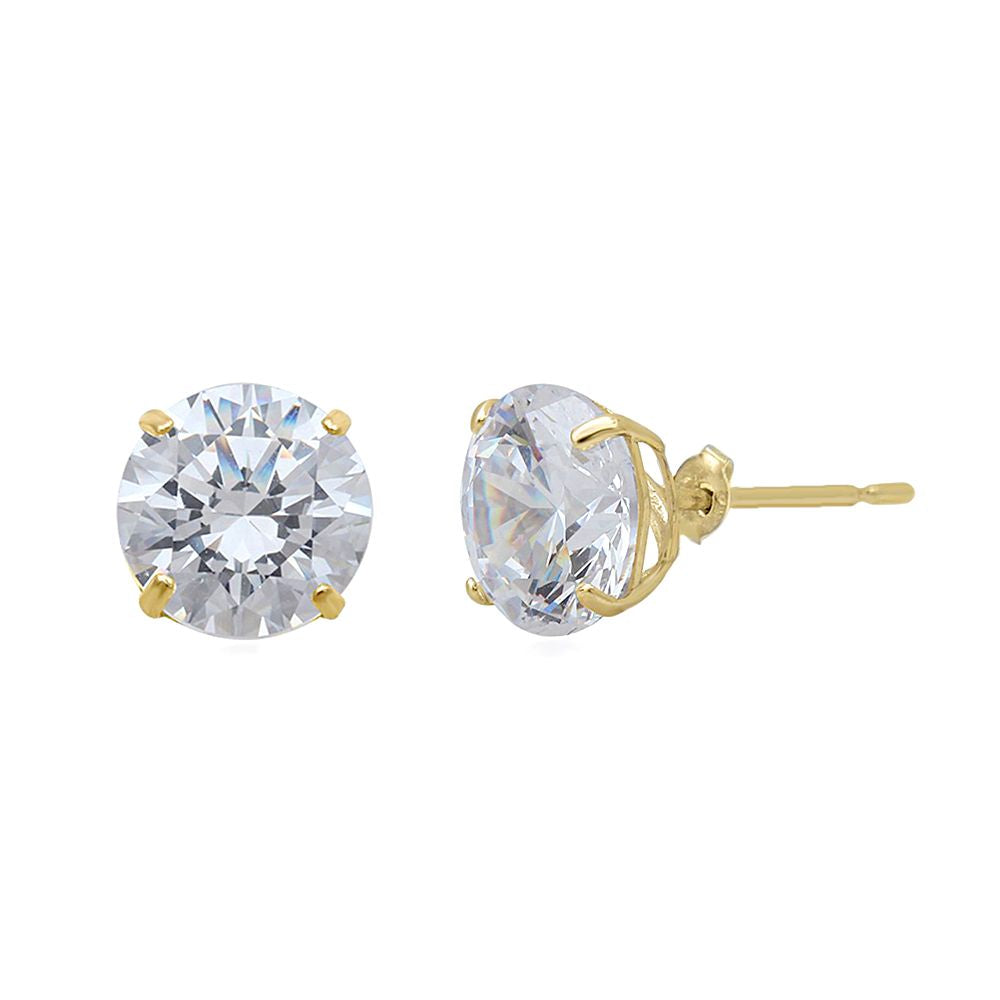 Jewelili Stud Earrings with Cubic Zirconia Solitaire in 10K Yellow Gold View 1