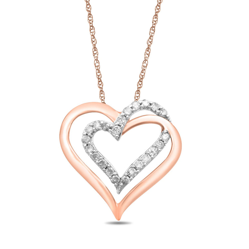 Jewelili 10K Rose Gold with 1/4 CTTW Diamonds Double Heart Pendant Necklace