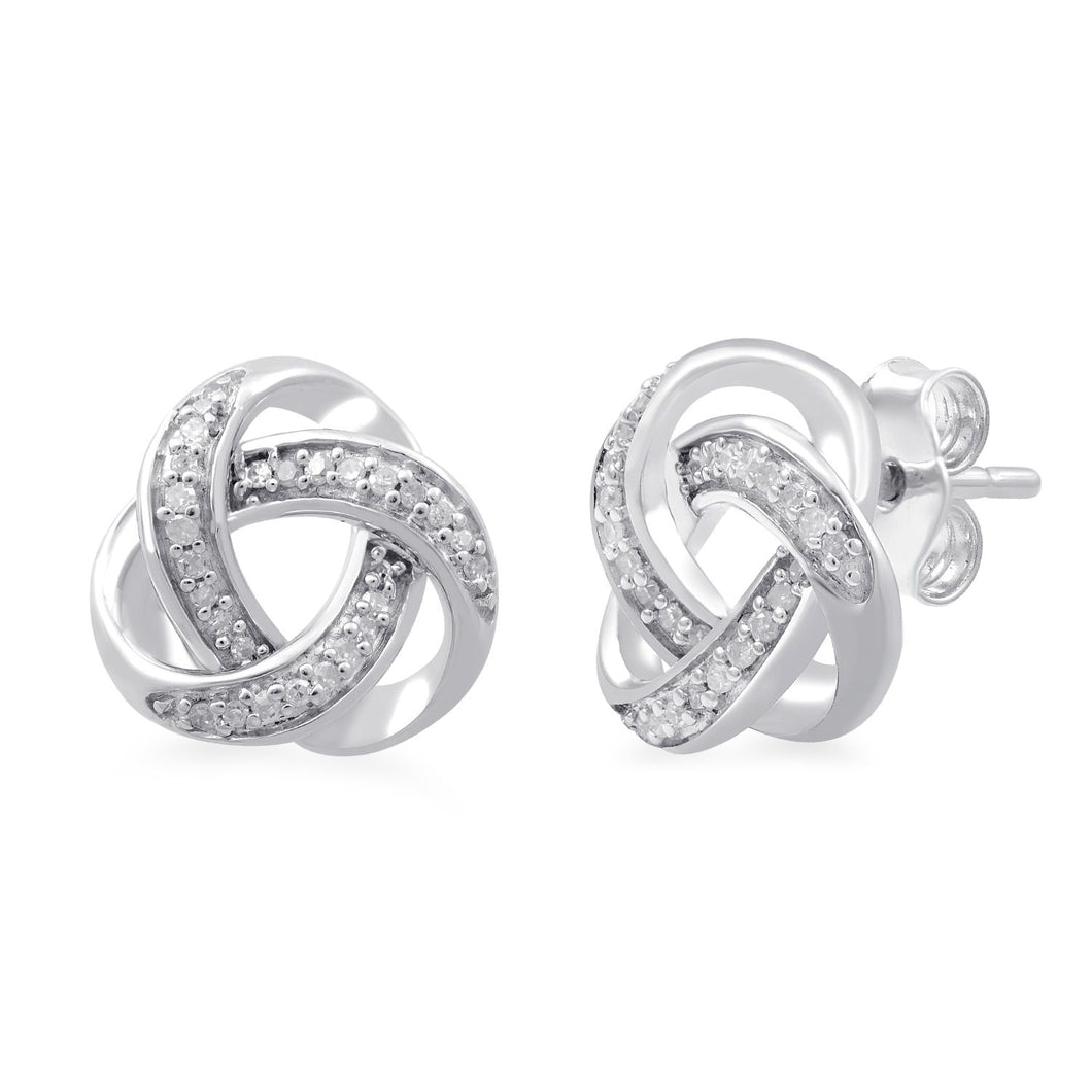 Jewelili Sterling Silver With 1/10 CTTW Natural White Diamond Love Knot Stud Earrings